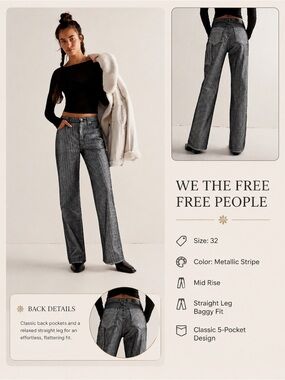 Free People Metallic Stripe Straight-Leg Pants - Black & Silver